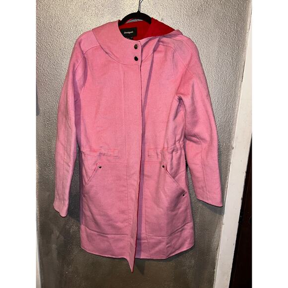 Desigual  Lenzy Winter Barbie Fun Playful Pink Red Wool Reversible Hoodie Coat - Picture 3 of 14